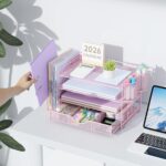 gianotter Desk Organizers and Accessories with File Holder, 4-Tier Desk Accessories & Workspace Organizers with Drawer and 2 Pen Holder, Paper Organizer for Office Supplies (Pink) - Image 7