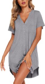 Ekouaer Nightgowns for Women Soft Cotton Sleep Shirt Short Sleeve Button Down Nightshirt - Image 4