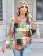 LUYAA Womens Long Sleeve V Neck Warm Henley Shirts Color Block Printed Button Down Tunic Tops Dressy Casual Winter Tops - Image 3