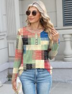 LUYAA Womens Long Sleeve V Neck Warm Henley Shirts Color Block Printed Button Down Tunic Tops Dressy Casual Winter Tops - Image 4