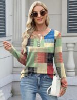 LUYAA Womens Long Sleeve V Neck Warm Henley Shirts Color Block Printed Button Down Tunic Tops Dressy Casual Winter Tops - Image 5