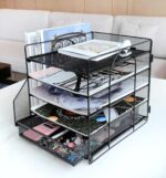 5-Tier Paper Letter Organizer with File Holder, Desk Organizer with Drawer, Mesh Desktop Storage with Magazine Holder for Office Supplies (Black) - Image 4