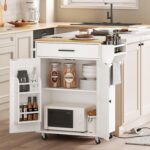HOOBRO Kitchen Island with Power Outlet, Kitchen Storage Island with Large Worktop, Spice Rack and Drawer, Rolling Island on Wheels, for Dining Room, White and Natural - Image 3