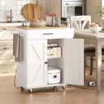 HOOBRO Kitchen Island with Power Outlet, Kitchen Storage Island with Large Worktop, Spice Rack and Drawer, Rolling Island on Wheels, for Dining Room, White and Natural - Image 5
