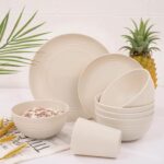 LIYH 32 Pcs Beige Wheat Straw Dinnerware Set for 8, Plastic Plates and Bowls Set, Unbreakable Dishes Set for 8, Dishwasher & Microwave Safe Reusable - Image 8