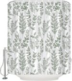 Sage Green Botanical Plant Shower Curtain Vintage Fern Leaf Leaves Boho Herbs Floral Nature Tropical Retro Rustic Farmhouse Aesthetic Modern Rural Fabric Bathroom Curtain Set with Hook - Image 4