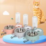 Dog Bowls, Puppy Cat Food and Water Bowl Set with Water Dispenser and Stainless Steel Bowl Detachable Gravity Pet Feeder and Waterer Set for Cats Dogs Puppy Rabbit (Grey) - Image 7