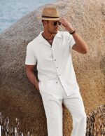 COOFANDY Men 2 Piece Linen Outfit Beach Button Down Shirt Casual Loose Pant Sets - Image 3