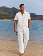 COOFANDY Men 2 Piece Linen Outfit Beach Button Down Shirt Casual Loose Pant Sets - Image 4