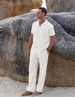 COOFANDY Men 2 Piece Linen Outfit Beach Button Down Shirt Casual Loose Pant Sets - Image 5