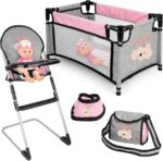 deAO Baby Doll Accessories Baby Doll Playset Furniture Set Baby Doll Crib High Chair Diaper Bag Nursery Playset Pretend Play Role Play Set Christmas Birthday Gifts for Kids Girls Boys - Image 3