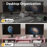 BONTEC Dual Monitor Stand Riser with Smartphone Holder, Adjustable Length & Swivel Angle, Ergonomic Wooden Desktop Organizer for PC Monitor, Laptop, Printer, Large Storage, White - Image 3