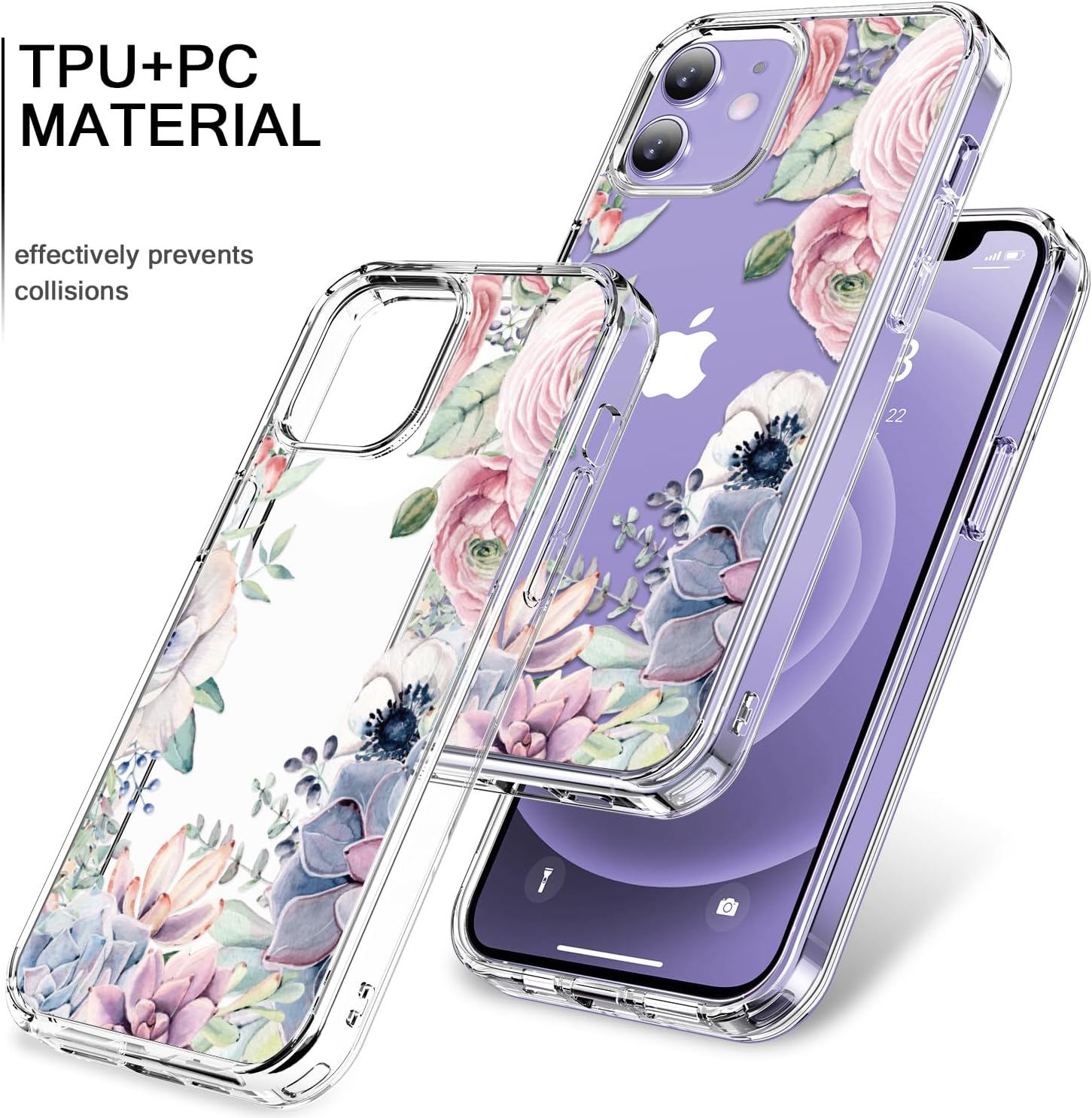 bicol for iPhone 12 Mini Case with Screen Protector and Camera Lens Protector - Fashionable Flower Floral Designs for Women Girls - Shockproof Acrylic Clear Phone Cover 5.4" - Colorful Succulents - Image 4