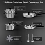 14-Piece Stainless Steel Pots and Pans Set, Cookware Set with Stay-Cool Handle, kitchen Cooking Pots and Pans Compatible with All Stovetops (Gas, Electric & Induction), Dishwasher Safe - Image 3