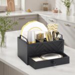 Paper Plate Dispenser with Drawer, country style Wood Kitchen Counter, Picnic, Party, Camping - Caddy Organizer for Cups, Spoons, Forks, Plates, office supplies, Napkins & Silverware（Black） - Image 7