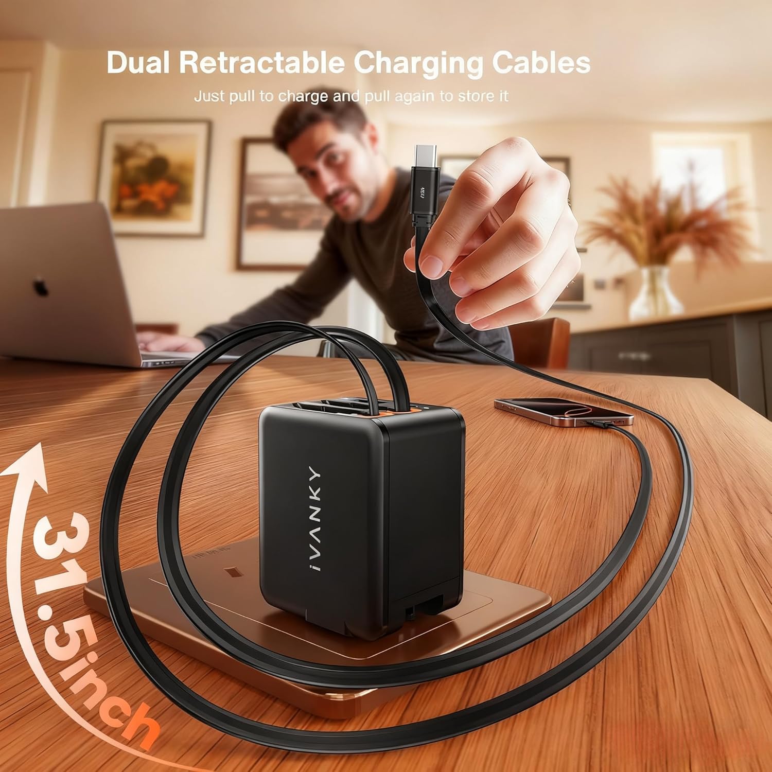 4-in-1 Retractable GaN 45W Wall Charger Plug for iPhone 17, Travel Essentials Brick Multiport Dual 31.5" Cables (USB C+Lightning) Adapter Fast Charging Block for iPhone 16/15/14/13/12, iPad, Galaxy - Image 4