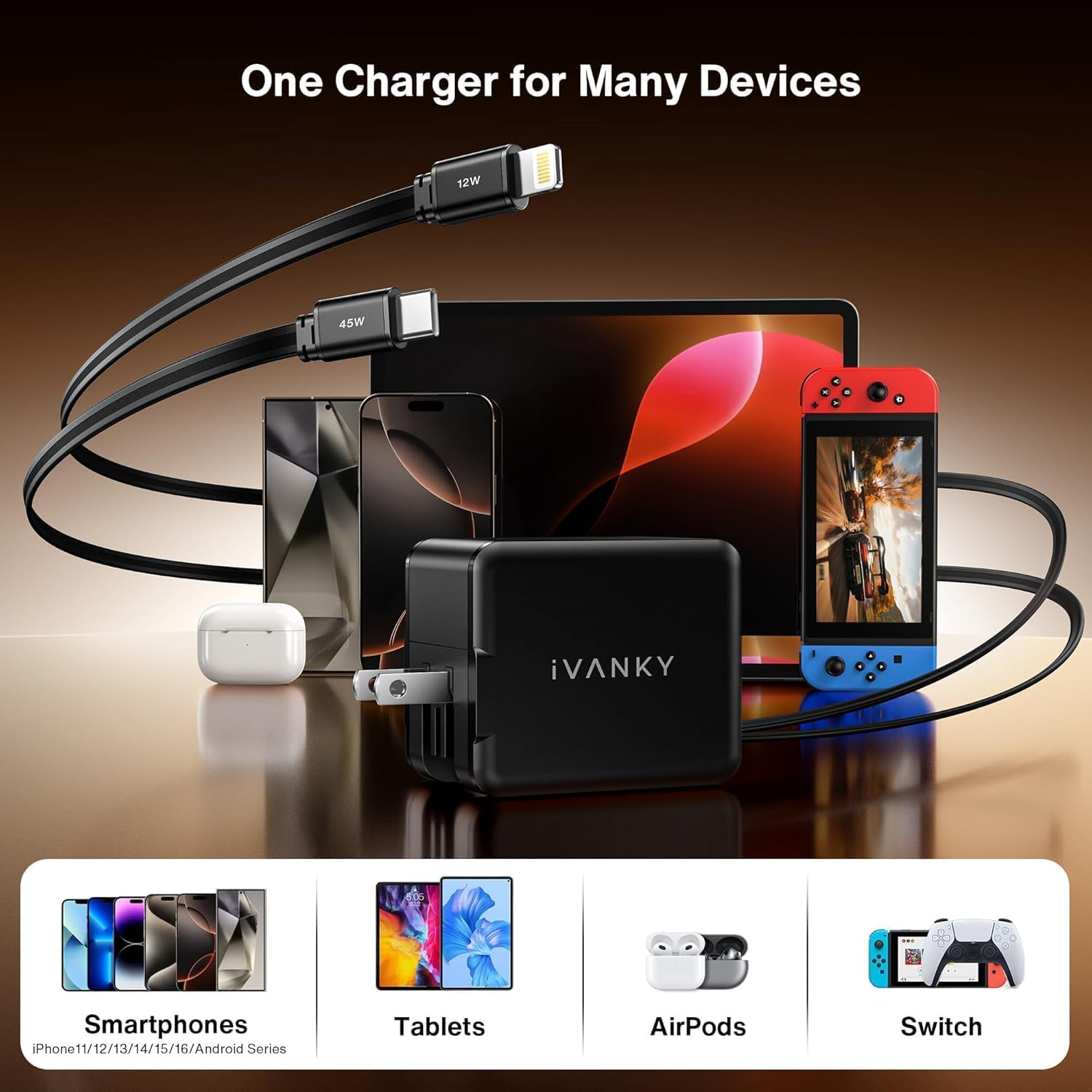 4-in-1 Retractable GaN 45W Wall Charger Plug for iPhone 17, Travel Essentials Brick Multiport Dual 31.5" Cables (USB C+Lightning) Adapter Fast Charging Block for iPhone 16/15/14/13/12, iPad, Galaxy - Image 9