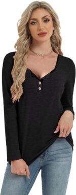 Womens Long Sleeve Tops Henley Loose Casual T Shirts Fall Women's Clothing Fashion Trendy 2025 - Image 3
