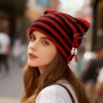 Cat Ear Beanie Hats for Women Y2K Striped Beanie with DIY Goth Accessories Slouchy Crochet Goth Hat with Cat Ears - Image 6