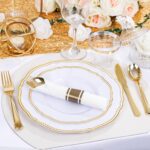 Hioasis 350pcs White and Gold Plastic Plates - Gold Plastic Dinnerware Set Includes 50 Dinner Plates, 50 Dessert Dinnerware, 50 Cups, 50 Rolled Napkin Cutlery Perfect for Wedding & Party - Image 3