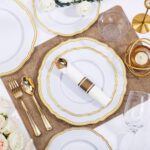 Hioasis 350pcs White and Gold Plastic Plates - Gold Plastic Dinnerware Set Includes 50 Dinner Plates, 50 Dessert Dinnerware, 50 Cups, 50 Rolled Napkin Cutlery Perfect for Wedding & Party - Image 7