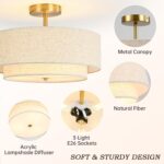 16" Semi Flush Mount Ceiling Light, 3-Light Gold Drum Ceiling Light Fixture with 2-Tier Fabric Linen Shade, Farmhouse Chandelier for Dining Room, Living Room, Bedroom, Kitchen, Hallway, Entryway - Image 4