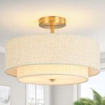 16" Semi Flush Mount Ceiling Light, 3-Light Gold Drum Ceiling Light Fixture with 2-Tier Fabric Linen Shade, Farmhouse Chandelier for Dining Room, Living Room, Bedroom, Kitchen, Hallway, Entryway - Image 10
