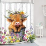 Farmhouse Highland Cow Shower Curtain 60Wx72H Western Spring Rustic Funny Calf Country Bull Animal Wood Floral Flower Plant Botanical Bathroom Decor Bath Curtain Fabric Polyester 12 Pack Hook - Image 3