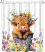 Farmhouse Highland Cow Shower Curtain 60Wx72H Western Spring Rustic Funny Calf Country Bull Animal Wood Floral Flower Plant Botanical Bathroom Decor Bath Curtain Fabric Polyester 12 Pack Hook - Image 7