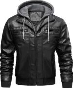 INVACHI Men's Leather Jacket Motorcycle Bomber Jacket Windproof PU Vintage Jacket with Removable Hood - Image 3