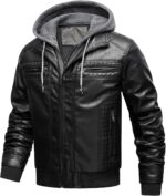 INVACHI Men's Leather Jacket Motorcycle Bomber Jacket Windproof PU Vintage Jacket with Removable Hood - Image 4