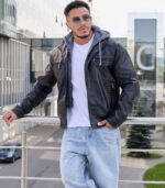 INVACHI Men's Leather Jacket Motorcycle Bomber Jacket Windproof PU Vintage Jacket with Removable Hood - Image 7