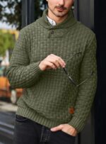 Mens Casual Pullover Fall Winter Turtleneck Cable Knit v Neck Fisherman Waffle Sweater - Image 4