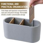 MyGift Modern Oval Gray Cement Pen Holder & Pencil Cup, Office Stationery Organizer with Removable Acacia Wood Dividers - Desktop Storage Solution - Image 4