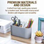 MyGift Modern Oval Gray Cement Pen Holder & Pencil Cup, Office Stationery Organizer with Removable Acacia Wood Dividers - Desktop Storage Solution - Image 5