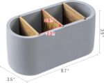 MyGift Modern Oval Gray Cement Pen Holder & Pencil Cup, Office Stationery Organizer with Removable Acacia Wood Dividers - Desktop Storage Solution - Image 6