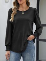 ATHMILE Fall Long Sleeve Shirts for Women Business Casual Crewneck Tops Dressy Blouses with Smocked Cuffs Teacher Outfits - Image 3