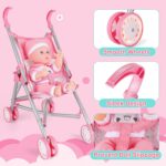 deAO Baby Doll Stroller Crib Bed Nursery Role Play Set Baby Doll Accessories and Play Mat,Travel Cot,Bouncer,Foldable Stroller and Travel Bag Birthday for Girls Boys Kids - Image 4