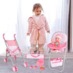 deAO Baby Doll Stroller Crib Bed Nursery Role Play Set Baby Doll Accessories and Play Mat,Travel Cot,Bouncer,Foldable Stroller and Travel Bag Birthday for Girls Boys Kids - Image 9