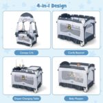 BABY JOY 4 in 1 Pack and Play with Canopy, Portable Baby Playard with Bassinet, Double-Layer Baby Crib, Wheels & Brake, Foldable Baby Girl Pink Bassinet from Newborn to Toddler - Image 3