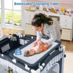 BABY JOY 4 in 1 Pack and Play with Canopy, Portable Baby Playard with Bassinet, Double-Layer Baby Crib, Wheels & Brake, Foldable Baby Girl Pink Bassinet from Newborn to Toddler - Image 4