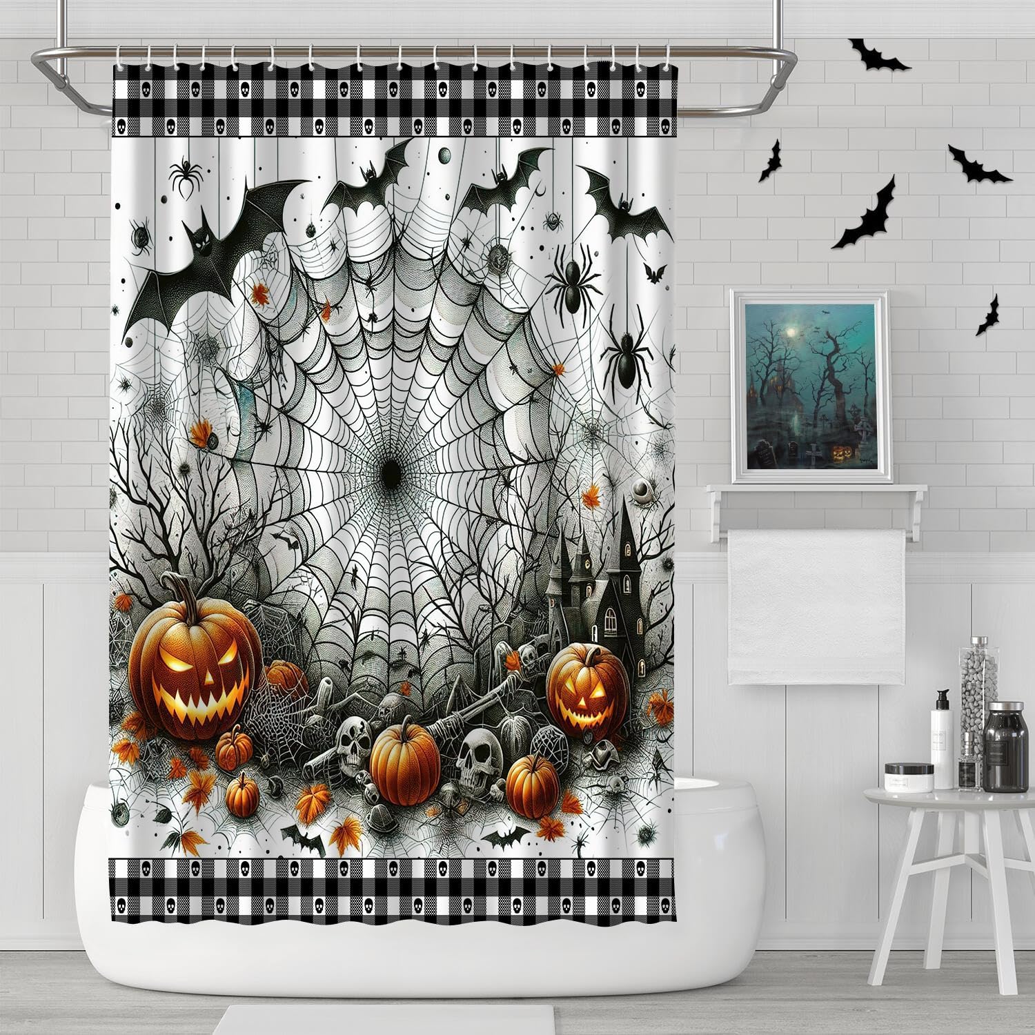 Vintage Halloween Shower Curtain with 12 Hooks, Waterproof Spider Web Bat Skull Spooky Shower Bathroom Curtain Decor, Scary Halloween Shower Curtains for Bathroom, 72x72 Inch - Image 3