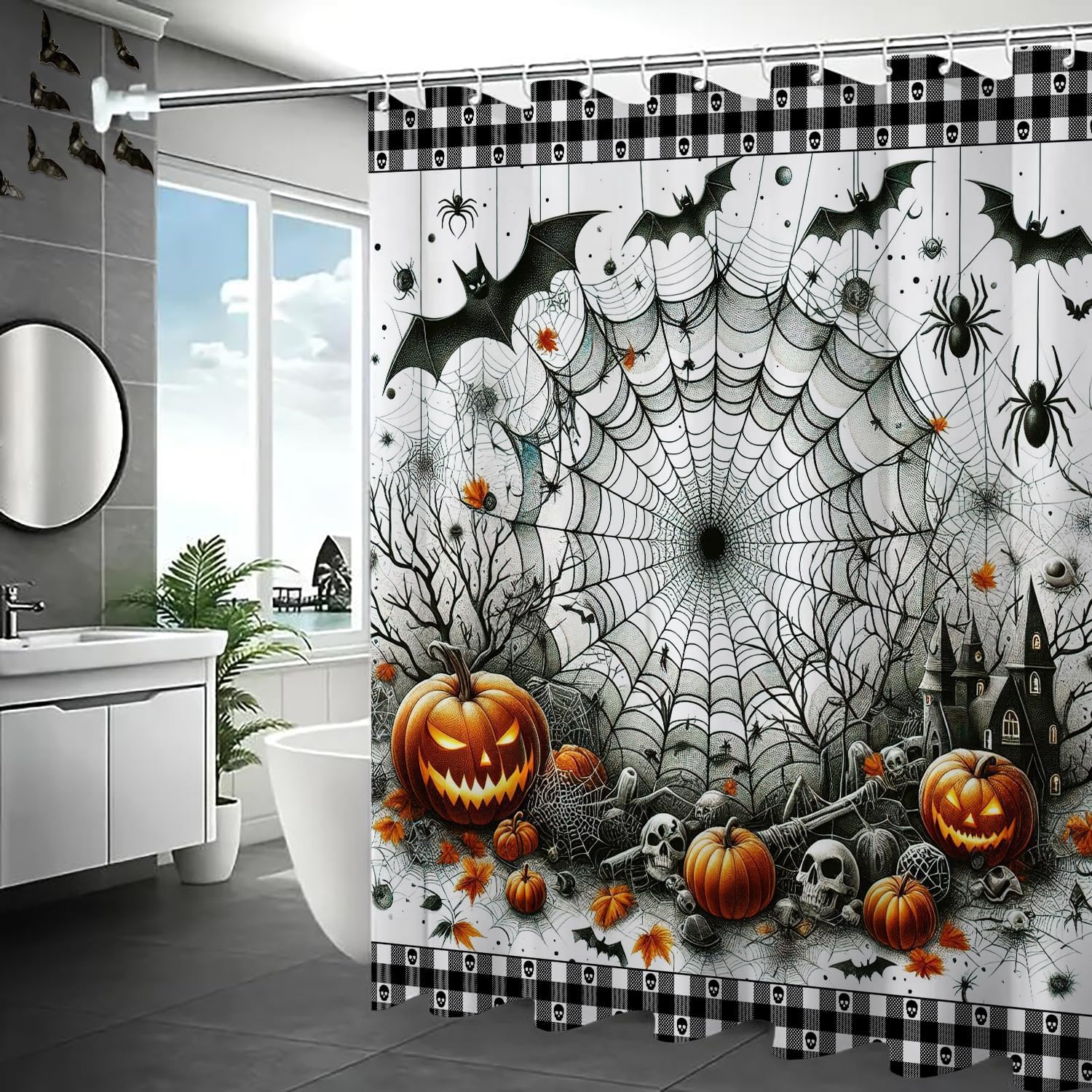 Vintage Halloween Shower Curtain with 12 Hooks, Waterproof Spider Web Bat Skull Spooky Shower Bathroom Curtain Decor, Scary Halloween Shower Curtains for Bathroom, 72x72 Inch - Image 8