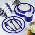 210 Pcs Blue Plastic Dinnerware Set for 30 Guests - Includes 30set of Dinner Plates, Dessert Plates, Clear Plastic Cups, and Blue Pre-Rolled Napkins with Cutlery Set, Disposable Party Supplies - Image 8
