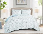 Chezmoi Collection Fran 3-Piece Floral Quilt Set Queen - Blue White Poppy Floral Watercolor Printed Microfiber Lightweight Bedspread Set for All Season - Image 3