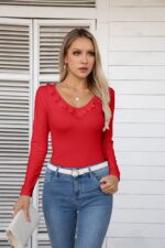 VICHYIE Womens Long Sleeve Shirts V Neck Ruffle Hem Slim Fitted Ribbed Knit Trendy Tee Tight Tops - Image 3