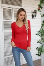 VICHYIE Womens Long Sleeve Shirts V Neck Ruffle Hem Slim Fitted Ribbed Knit Trendy Tee Tight Tops - Image 4