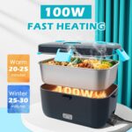 Electric-Lunch-Box-Heated-Food-Warmer 100W Heating Lunchbox for Adults 1.8L Portable Food Heater for Work/Car, 12V/24V/110-230V Lonchera Eléctrica Portátil with Fork Spoon (Gray+Blue) - Image 3