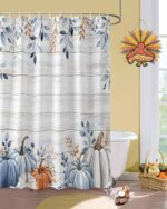 Fall Shower Curtain Blue Pumpkin Bath Curtains Leaves Floral Wood Grain Waterproof Polyester Fabric Bathroom Shower Curtain Set with 12 Hooks Decoration 72 x 72 Inches - Image 3