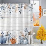 Fall Shower Curtain Blue Pumpkin Bath Curtains Leaves Floral Wood Grain Waterproof Polyester Fabric Bathroom Shower Curtain Set with 12 Hooks Decoration 72 x 72 Inches - Image 4